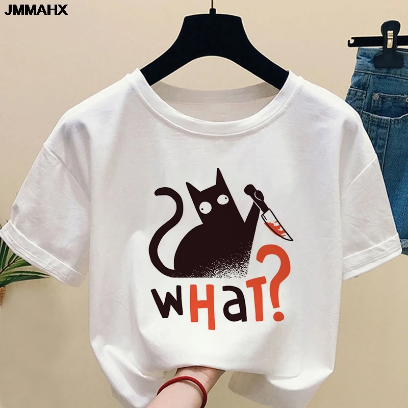 T-shirt da donna con stampa gatto divertente T-shirt Harajuku casual traspirante girocollo manica corta T-shirt bianca alla moda