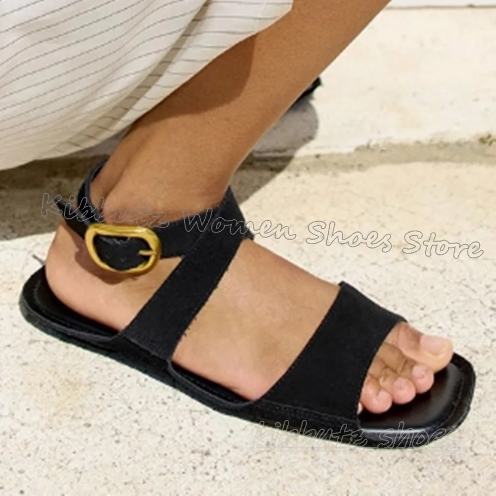 

Belt Buckle Sandals Solid Color Square Toe Flat with Fashion Novelty Sexy Elegant Concise Luxury Women Shoes Summer Party Newest