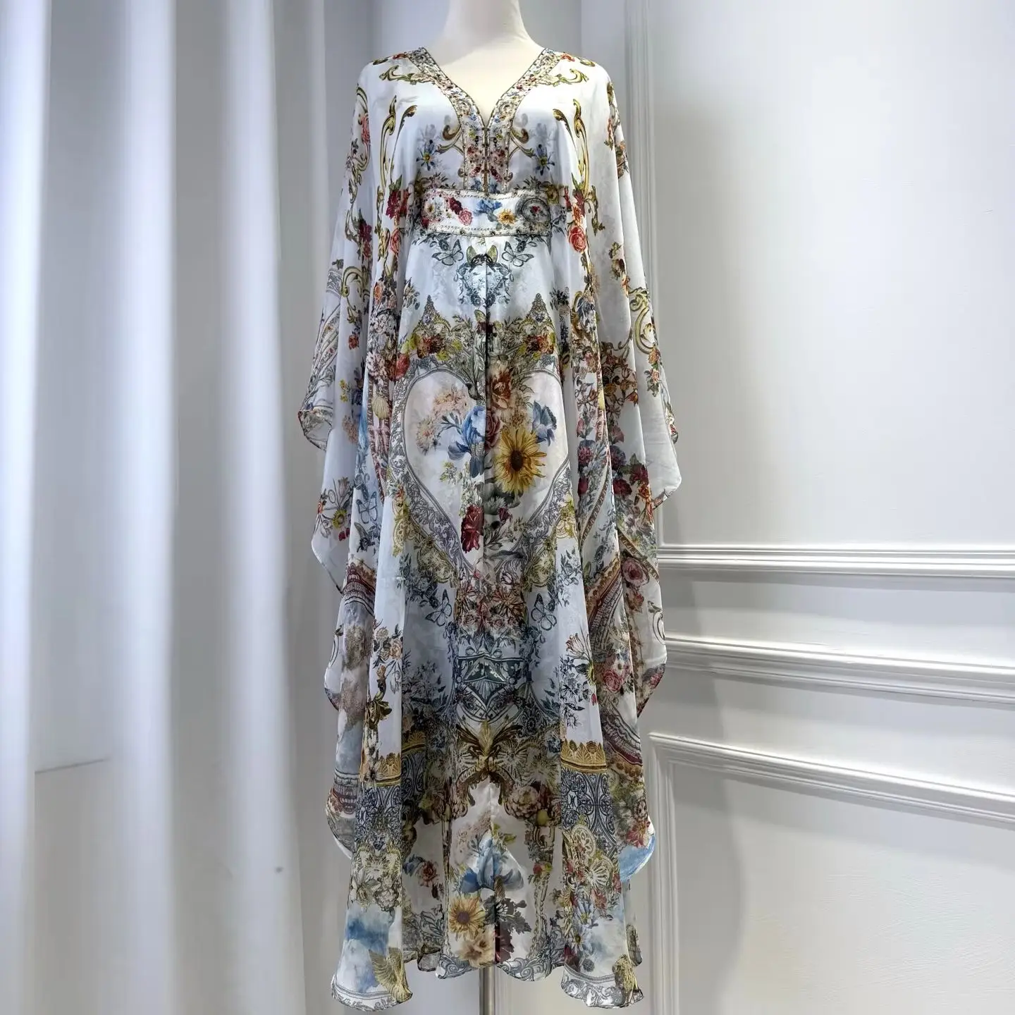 Women 100% Silk Floral Print Crystal Beaded Loose long Dress V-Neck High Waist Batwing Sleeve Elegant fashion maxi dress