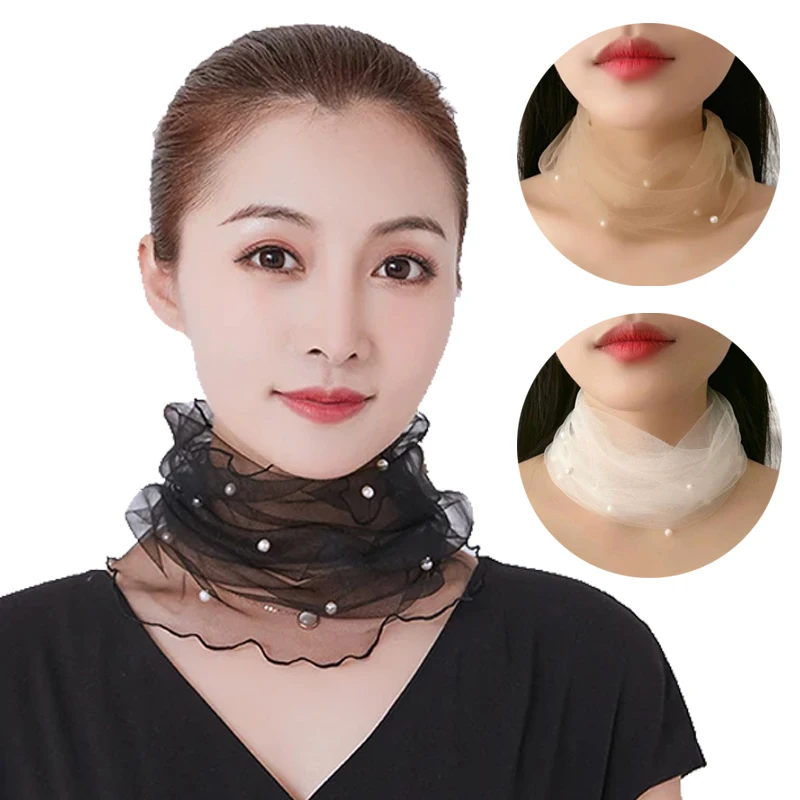 Mesh Fake Pearl Collar Scarf Spring Summer Chiffon Neck Collar Thin Ruffle Neck Cover Sunscreen Variety Small Silk Anti-UV Scarf