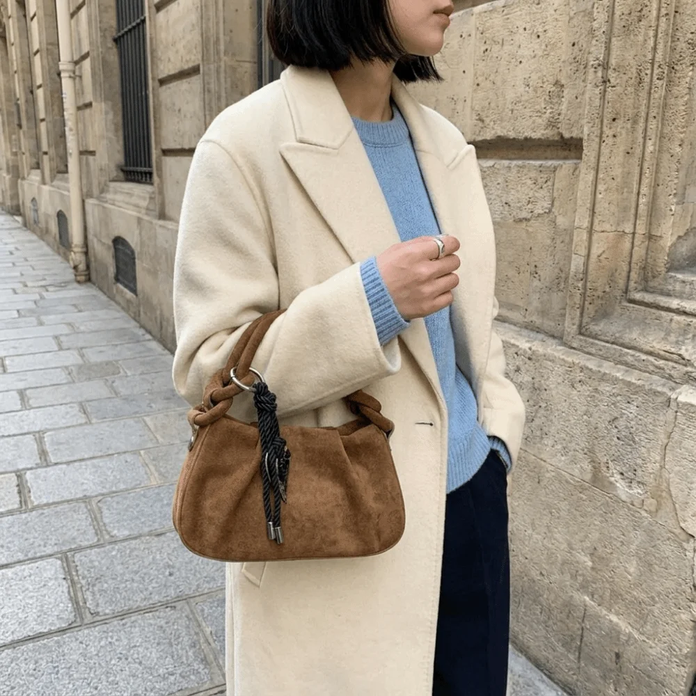 

Solid Color Suede Shoulder Bag Short Handle Adjustable Strap PU Leather Handbag Korean Style Stylish Crossbody Bag Travel