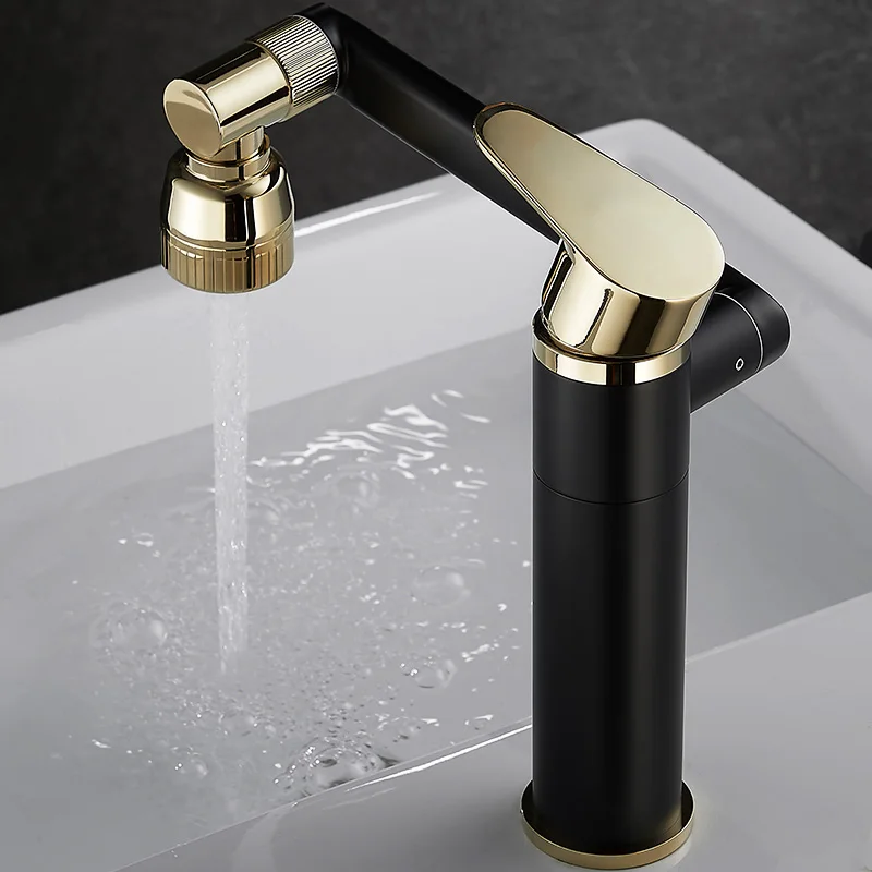 

Европейский черный и золотой цельномедный смеситель для умывальника с горячей и холодной водой, раковина на столе, умывальник, вращение смесителя для раковины в ванной комнате.