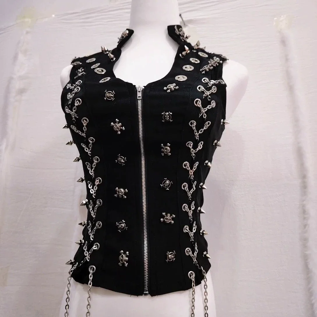 Summer 2026 Subculture Spicy Punk Style Rivet Chain Women's Vest, Gothic sleeveless vest for slim outside