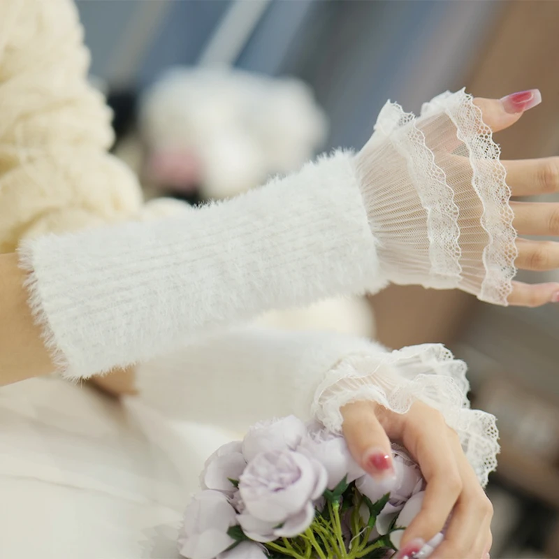 

Trend Autumn winter Mesh lace Knit Sleeve Cuffs gentle plush knitted Gloves arm Sleeves warm Sweater Decoration False Sleeves