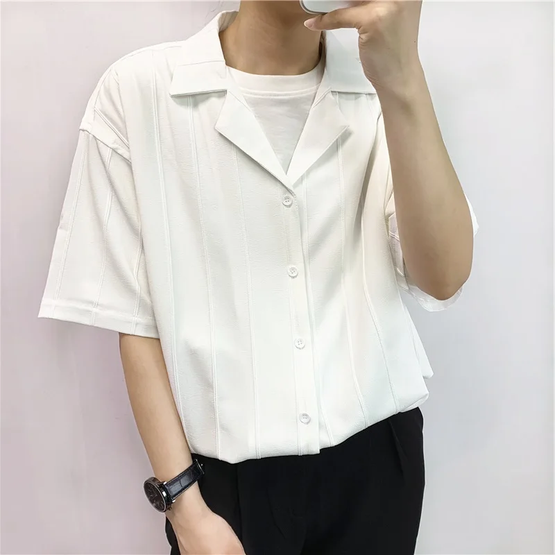 

Summer Thin Drapey Cuban Collar ort Sve Men's irt Korean Sle Mature Faion Striped High-End irt Loose Fit Youth T...