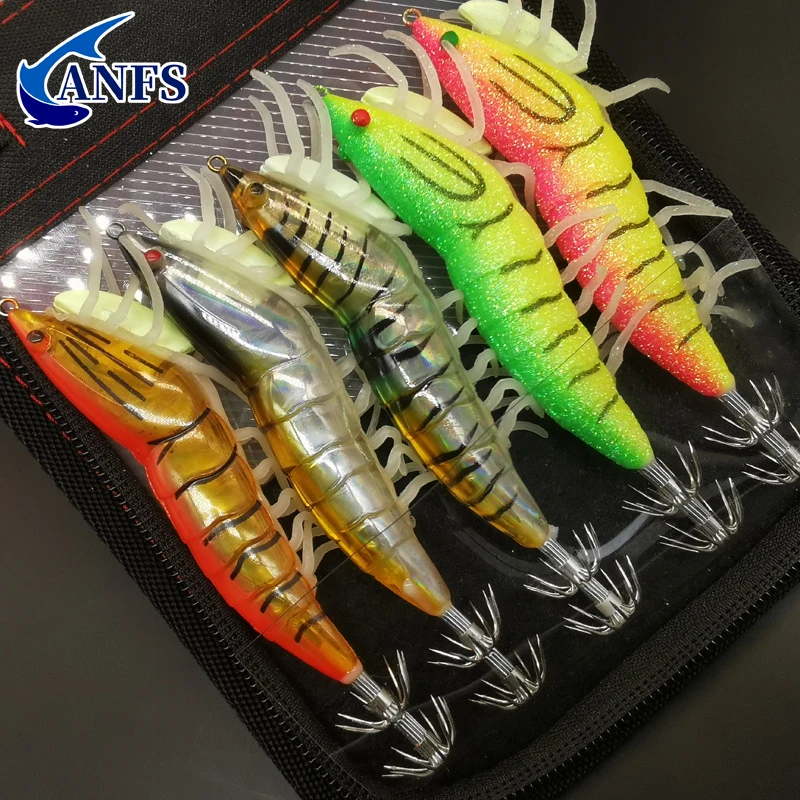 ANFS 1pc /5pcs 3D Hybrid Shrimp Egl Lure Luminous Bait Squid Jigs Umpan Pancing Sotong