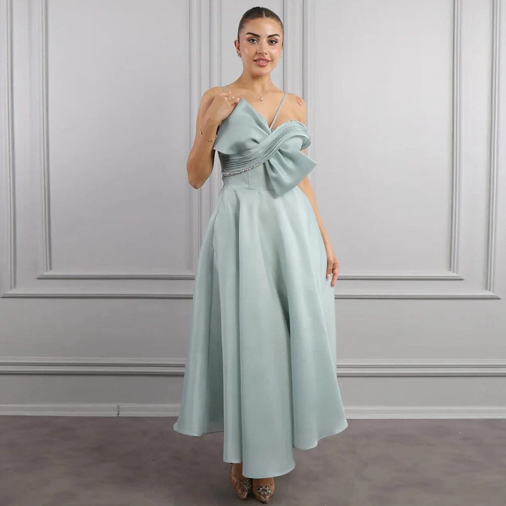 

Elegant Women's Cocktail Party Gowns Satin A-line Prom Gown Mint Spaghetti strap Rhinestone Pleat Ruched 2024 Party Dress Maxi