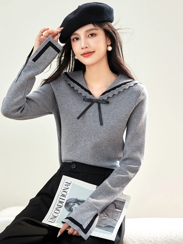 Fashion Commuter Knitted Pullover Women 2024 Autumn Winter Navy Collar Sweater Elegant Long Sleeve Slim Fit Top