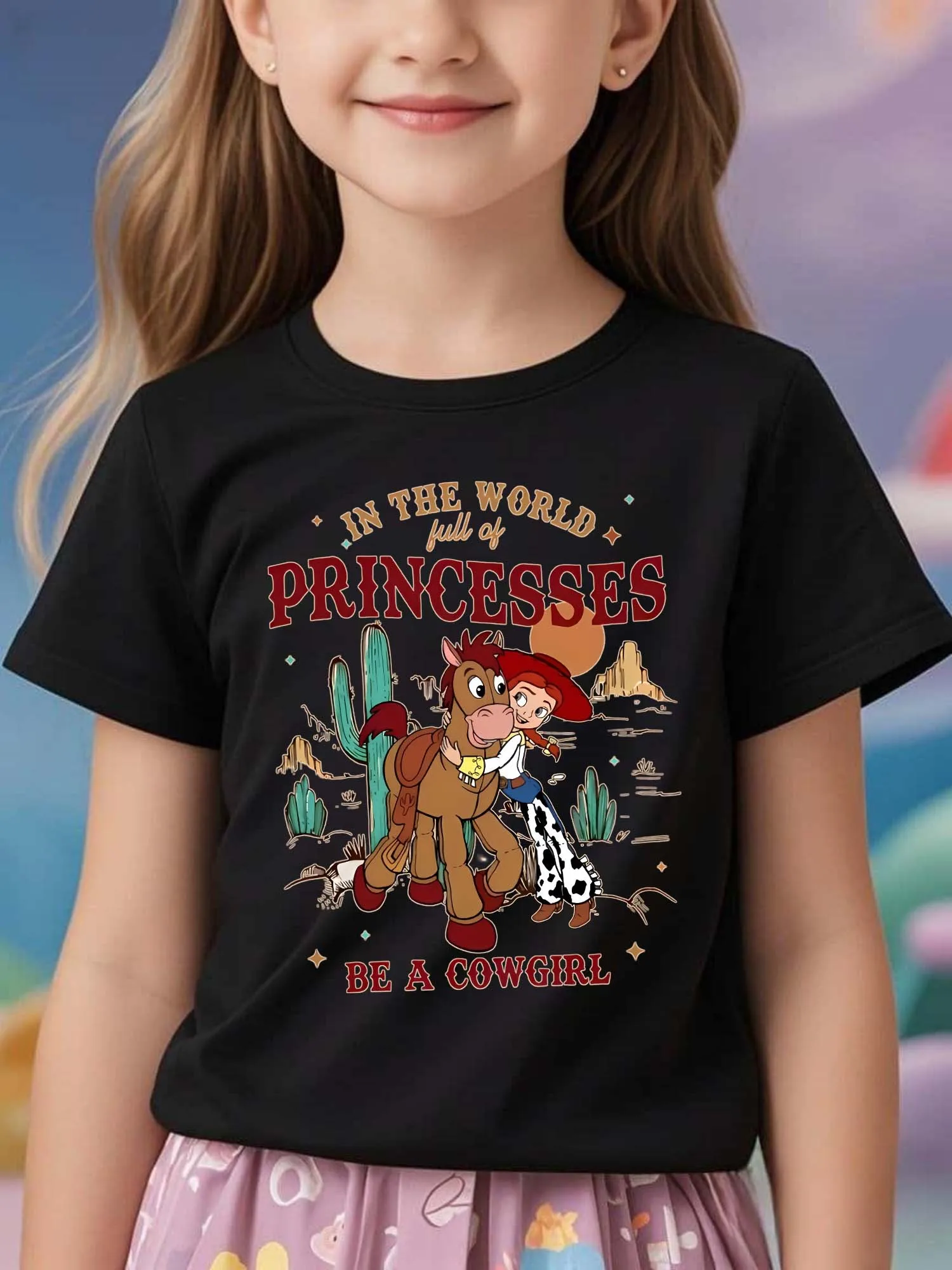 ديزني الوردي راعية البقر الجرافيك الفتيات تي شيرت قصير الأكمام القطن المحملة الاطفال الكرتون ديزني Y2k بلايز فتاة تي شيرت ملابس الأطفال