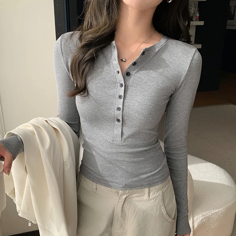 Women's Clothing Button Placket Half Open Collar Long Sleeves Innerwear Base Layer Lady Early Autumn New Model T-Shirt Tops