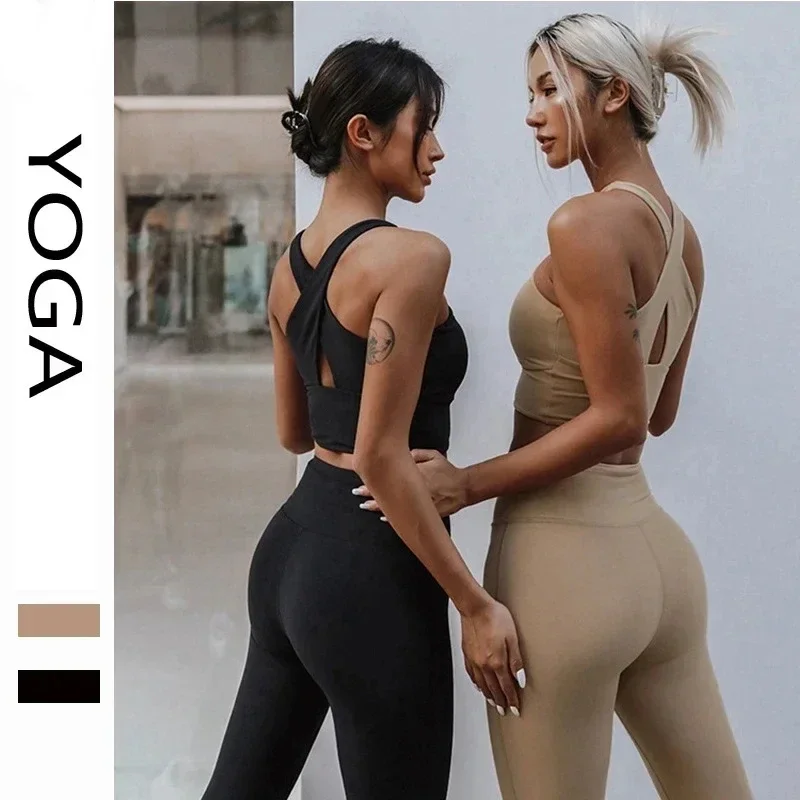 Canotta Yoga raccolta reggiseno incrociato antiurto e pantaloni da allenamento per sollevamento dell'anca Set Fitness Yoga