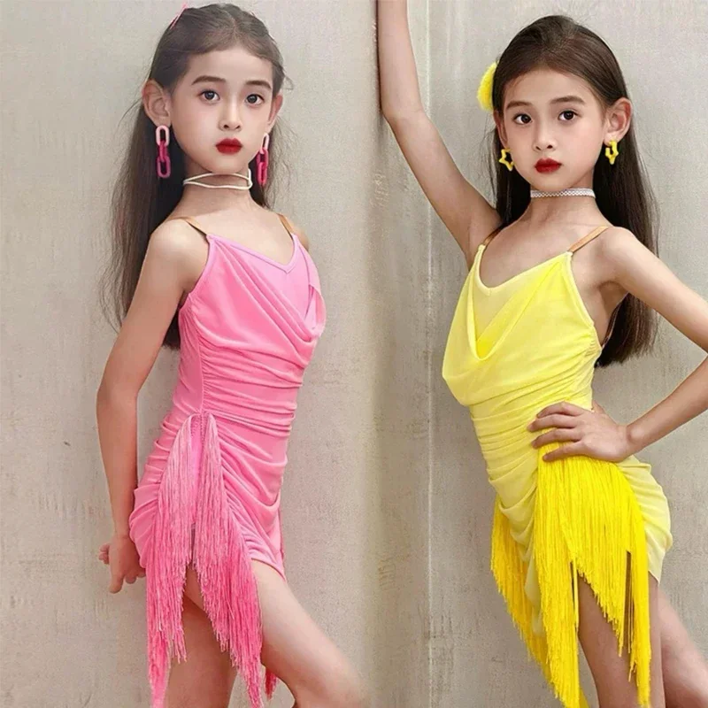 Kinder Latin Dance Neckholder Kleid für Mädchen Kostüm Chacha Samba Rumba Wettbewerb Quasten Rock Kinder Bühne Leistung Dancewear