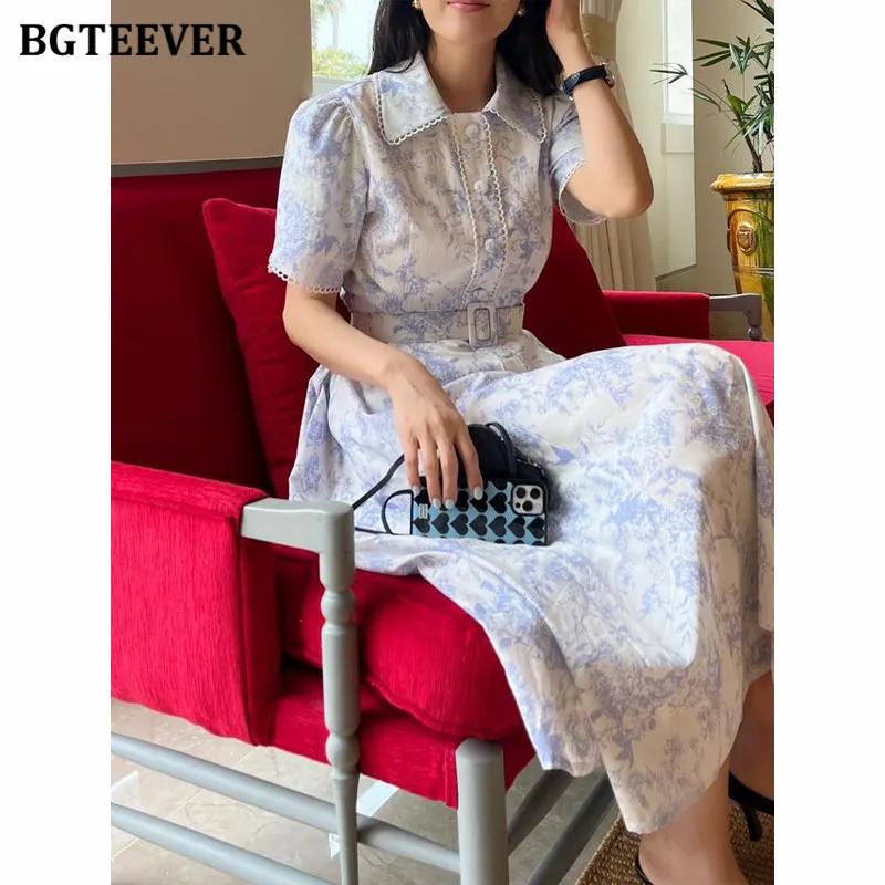 BGTEEVER Elegant Lapel Floral Printed Dress for Women Vintage Short Sleeve Belted SlimWaist  A-line Dress Female Summer Vestidos