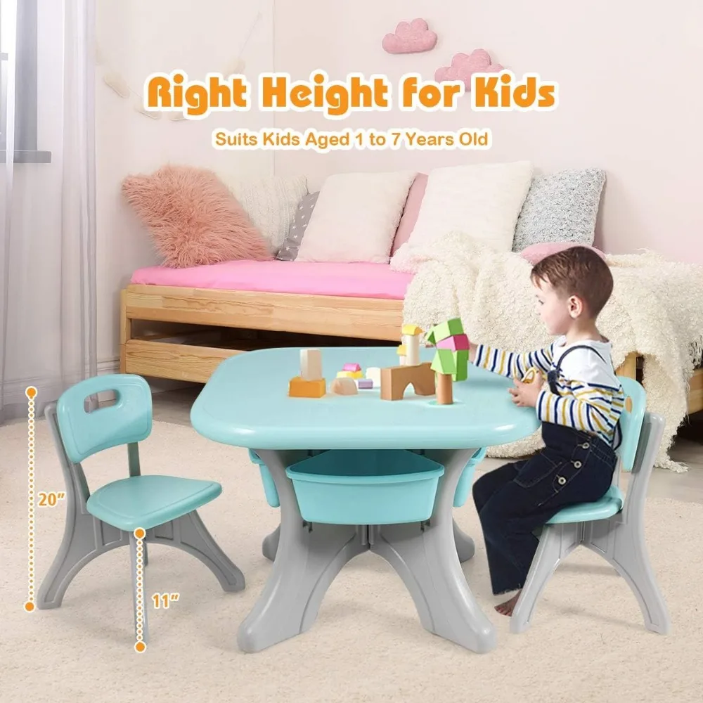 Kids Table and Chair Set, Plastic Children Activity Table and 2 Chair Set w/Storage Bins, 3 Piece Child Furniture Set