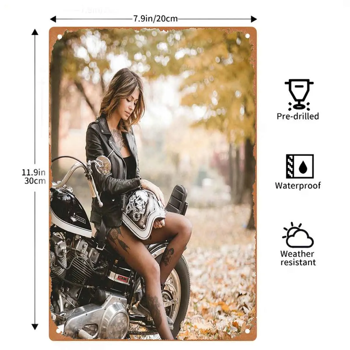 Fashion Girl Leaning on Her Custom Motorbike Vintage Metal Wall Sign Decor