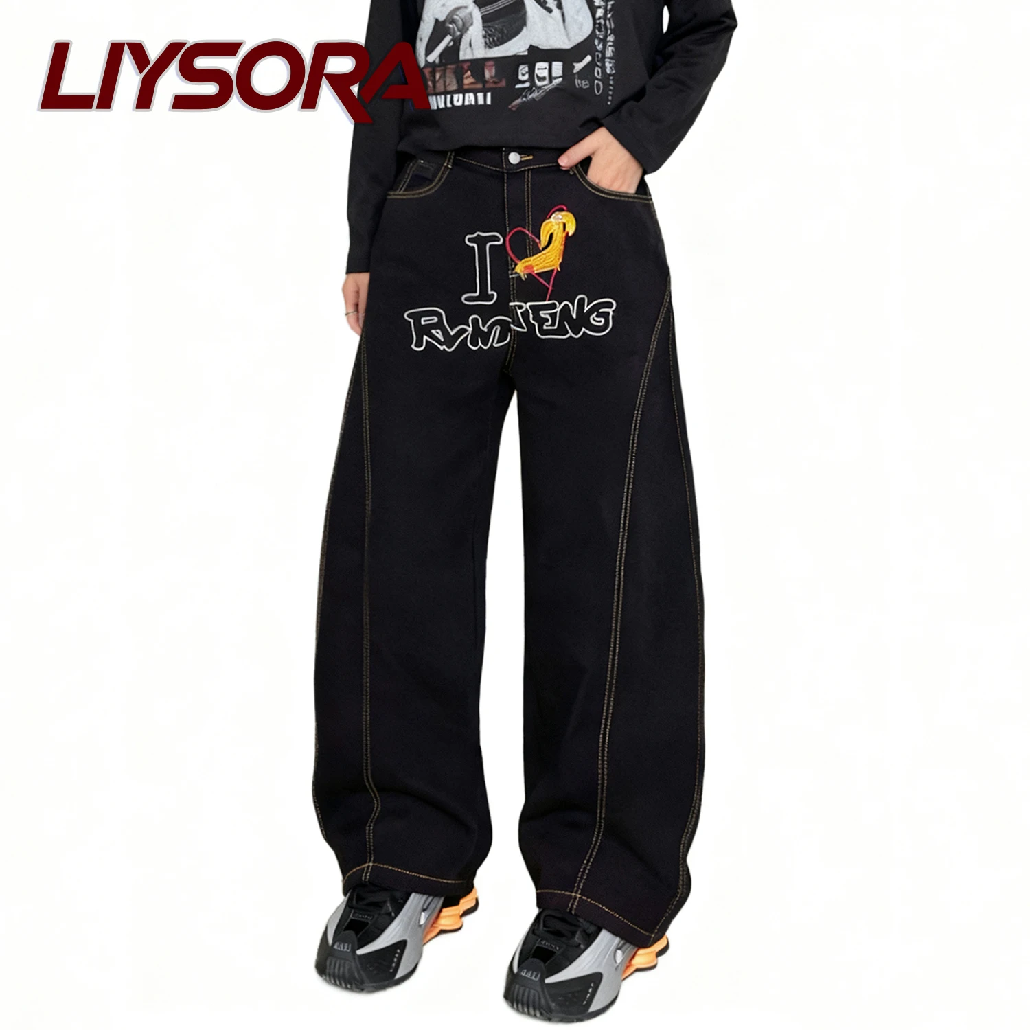 Мужские мешковатые широкие джинсы в Корейском стиле с вышивкой собаки в стиле ретро, уличные повседневные свободные джинсовые брюки унисекс с деконструкцией сращивания