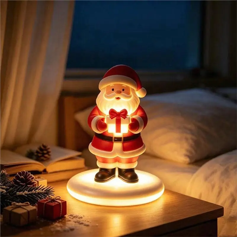 ABYN-Christmas Statue Decoration Resin Light-Up Santa Claus Pattern Craft Ornaments Decorative Desktop Night Light With Base