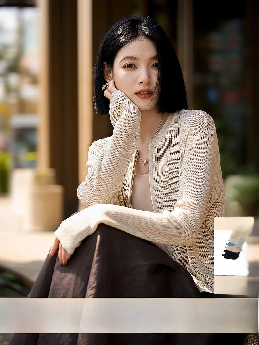 

XiaoHanGe Spring Summer Lightweight Breathable Knitted Open Cardigan Small Outerwear Needle Pick Hole Mesh Knitting