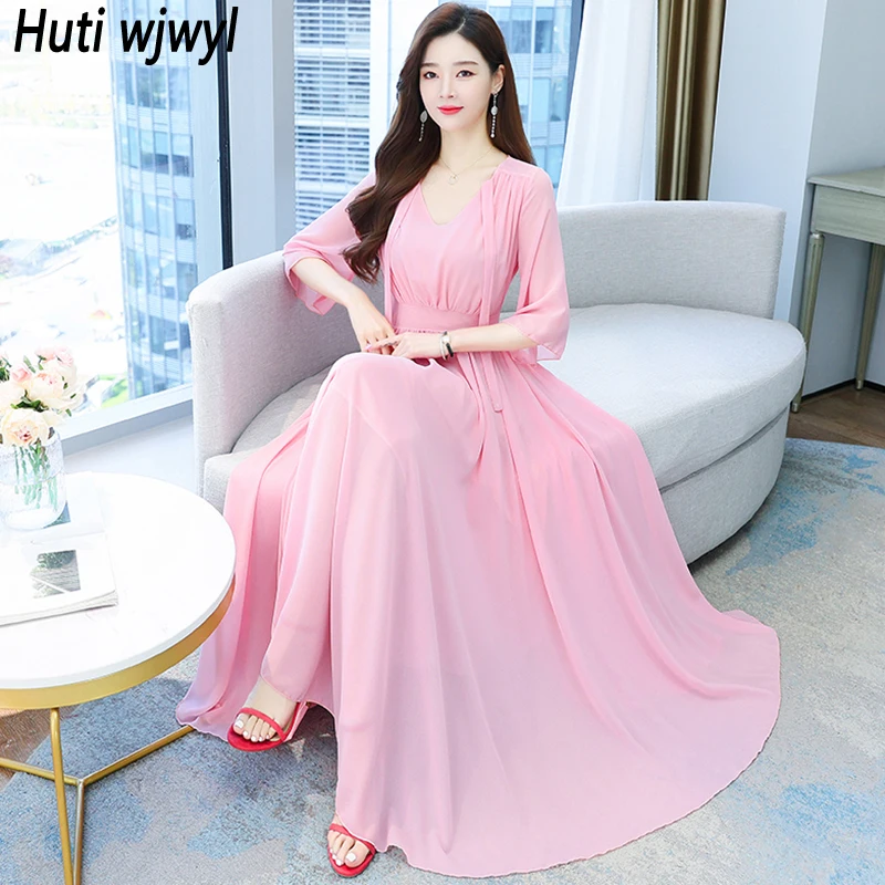 

7 Colors Spring Summer New Elegant White Beach Sundress 2024 Vintage Bodycon Party Vestidos Women Pink Chiffon Casual Maxi Dress