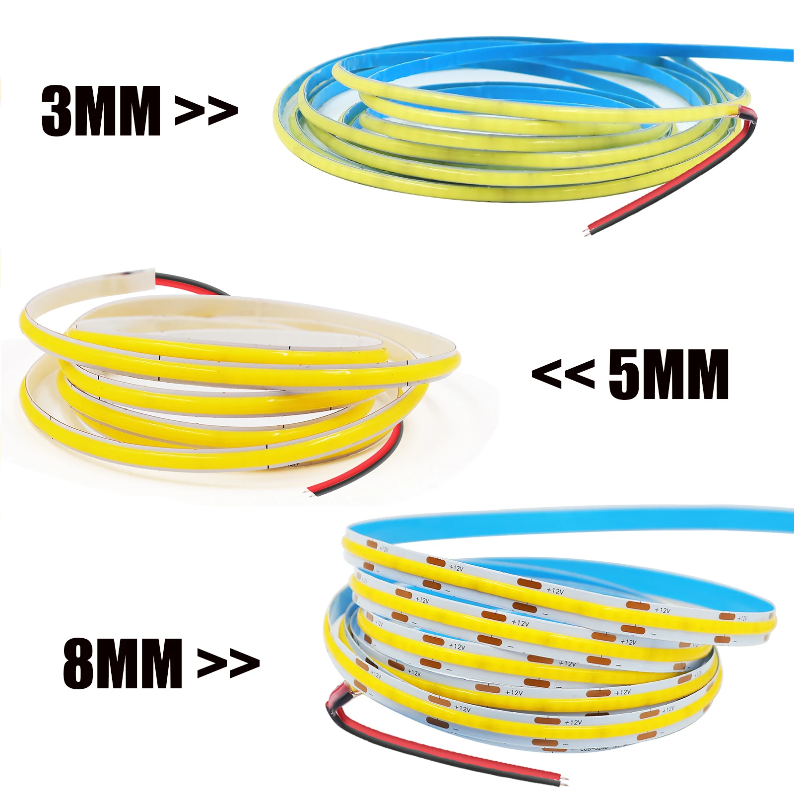 DC 12 V 5 V COB-Streifen, 320 LEDs/m, Breite 3 mm, 5 mm, 8 mm, hohe Dichte, 3000 K, 4000 K, 6000 K, weißes flexibles Bandseil, LED-Licht