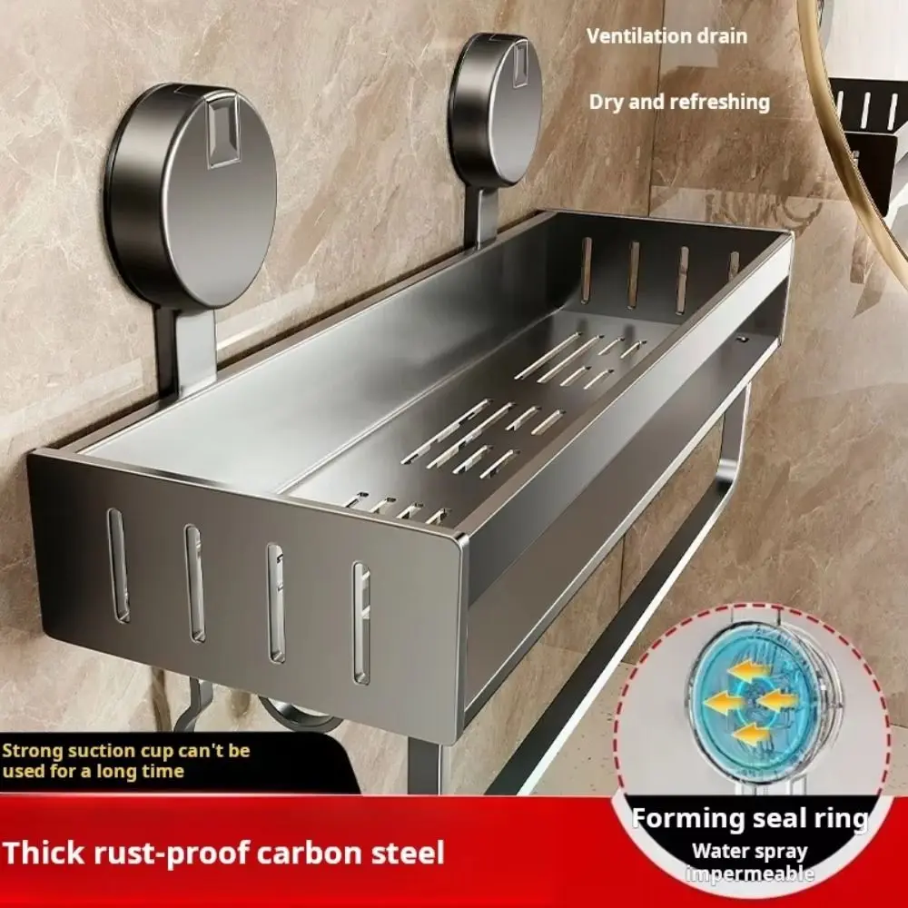 

Carbon Steel Suction Cup Bathroom Rack No-punch Strong Load-bearing Shower Storage Shelf Large Capacity Wall Mount