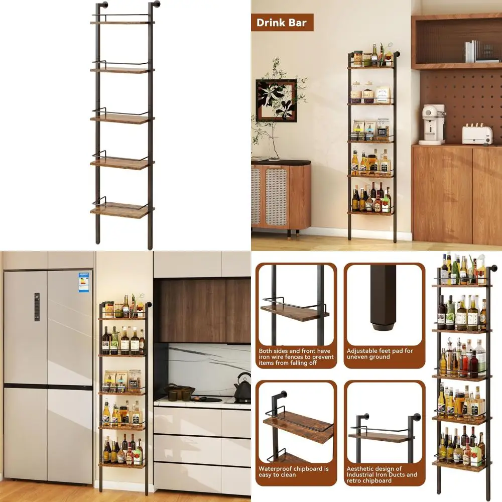 

Винтажная коричневая настенная 5-ярусная винная полка с держателями для бутылок для кухни и столовой, 16.93Д x 7.87Ш x 69.68В