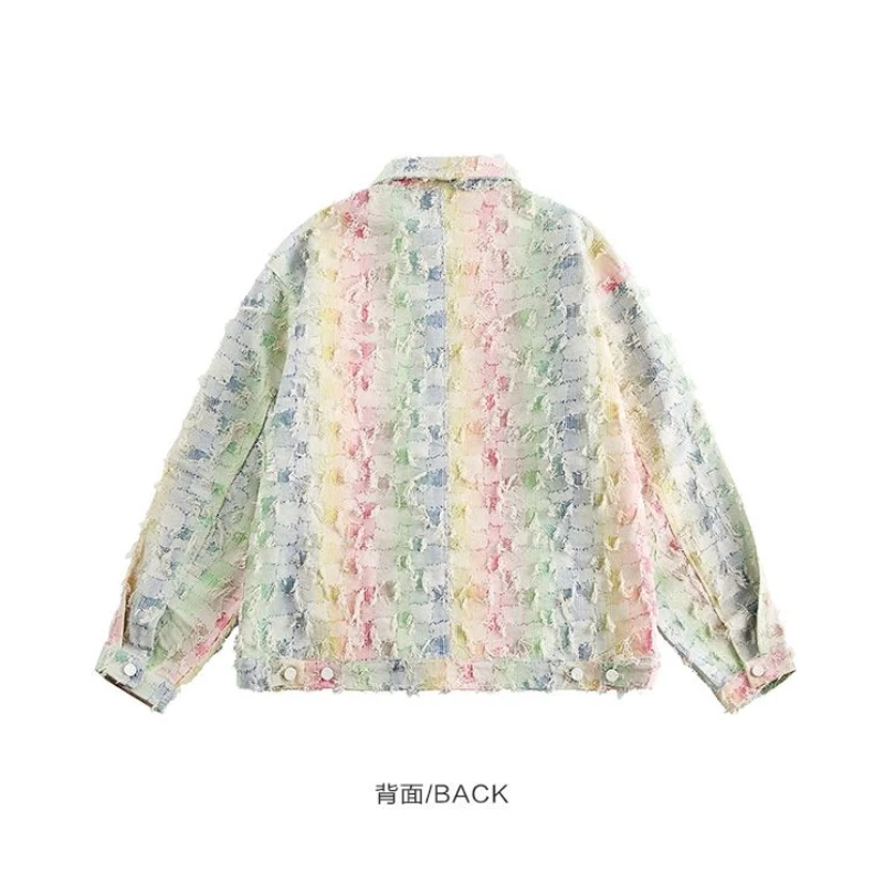 BEIANJI men clothing 2025 American street tassel color checkerboard denim jacket men's autumn niche versatile jacket street wear