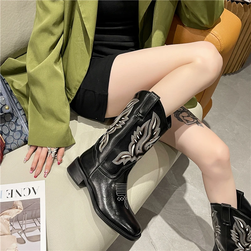 Luxury Brand Women Boots Embroidered Western Boots Leather Mid Calf Cowboy Boots Winter Chunky Heel Boots Female Autumn Shoes