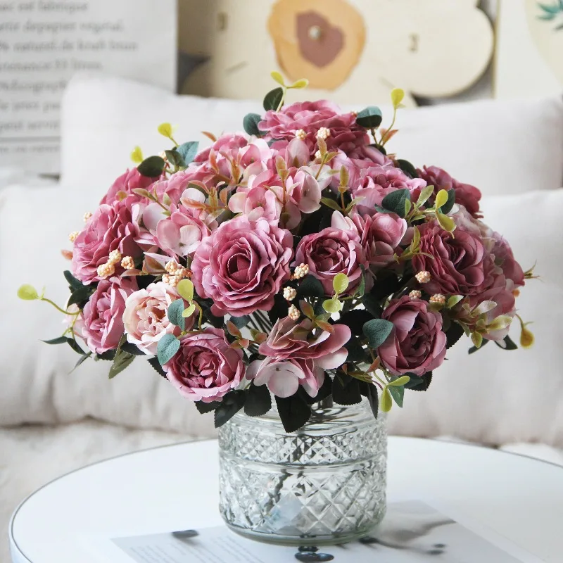 باقة الفاوانيا الكوبية الأوروبية الرجعية الكركديه زهرة اصطناعية لتزيين المنزل والزفاف