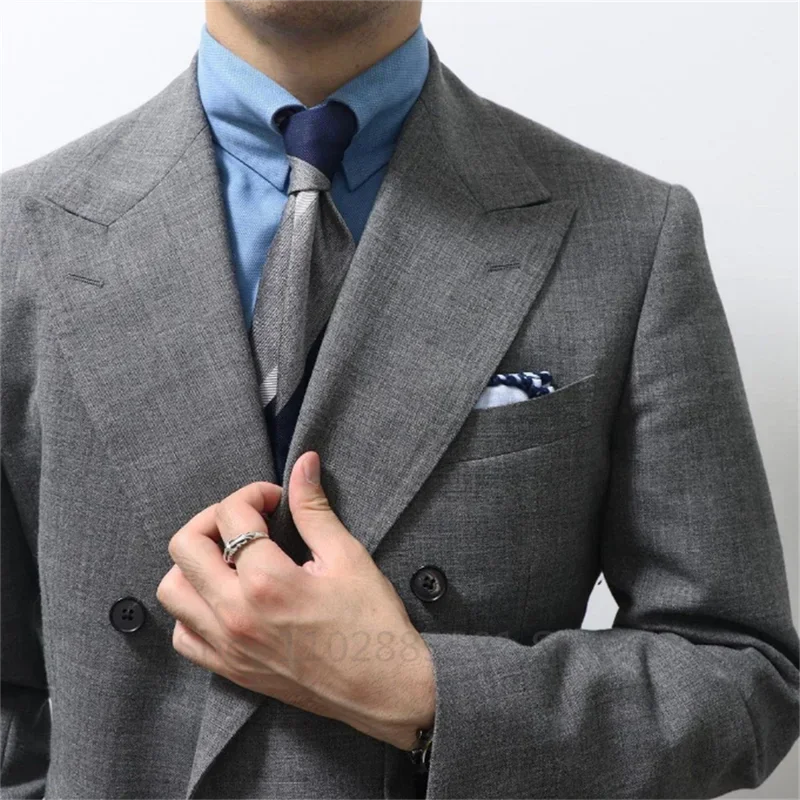 2 Piece Gray Men Suits Peak Lapel Jacket Pants Wedding Italian Blazer Groom Tuxedos Fashion Prom Party Casual Men Clothes