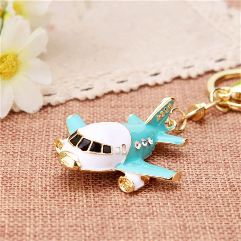 Cute Rhinestone Crystal 3d Model Airplane Keychain Key Chain Blue Aircraft Plane Key Ring Holder Pendant Keyring