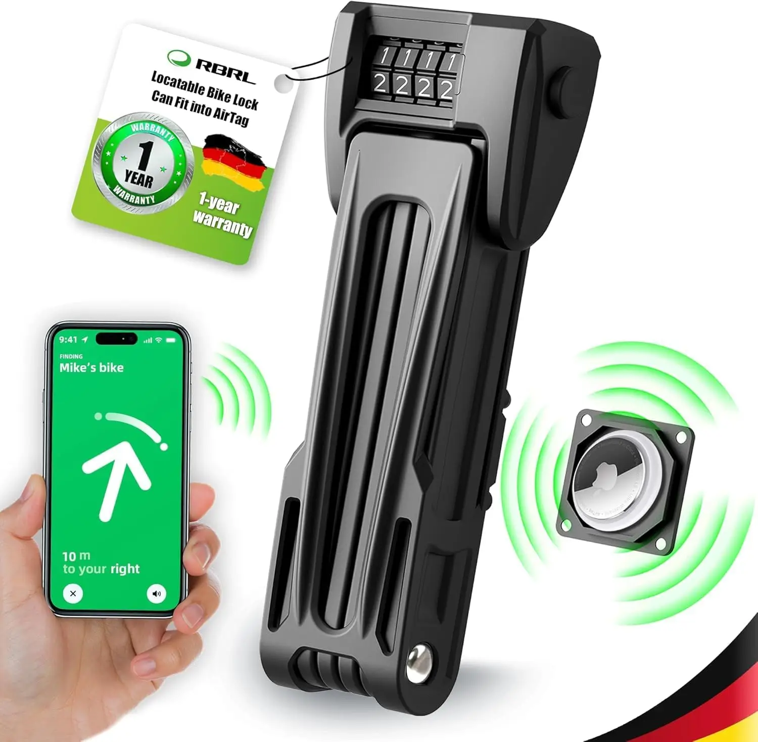 

Bike Lock 2.95ft, 4 Digit Combination Bicycle Chain Lock with Holder for Apple AirTag, Heavy Duty