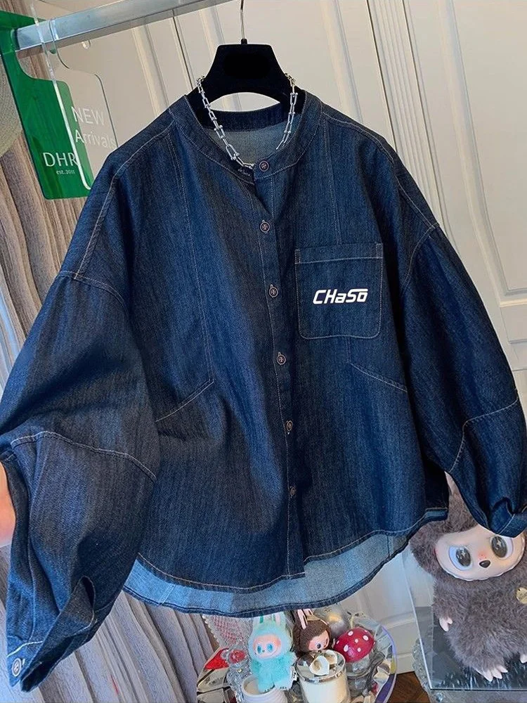 

Темно-синий джинсовый джинсовый топ с контрастной строчкой, свободный крой, весенне-осенний винтажный топ, теплый длинный све, ру...