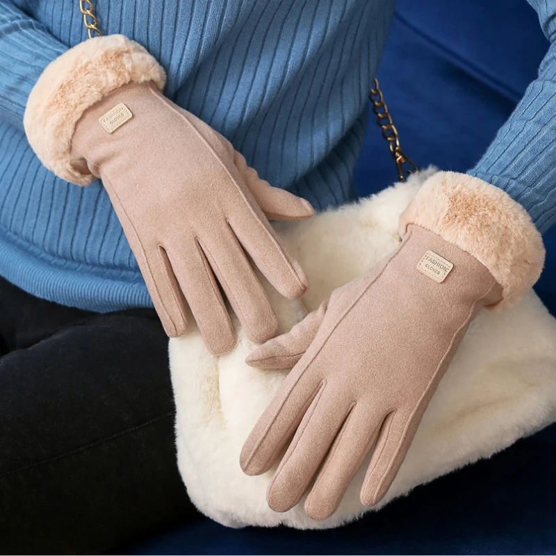 

Autumn Winter Warm Suede Gloves Plus Velvet Thickened Plush Decor Cuff Gloves Outdoor Coldproof Touchscreen Riding Ski Gloves