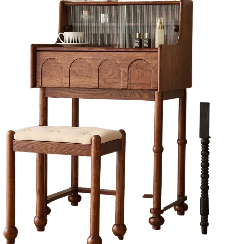 

French retro solid wood piano dressing table, bedroom small medieval high-end storage dressing table