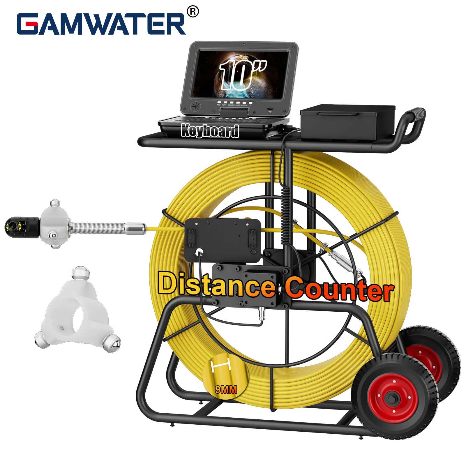 360 Degrees 10″inch IPS Sewer Camera AHD 1080P+9mm Cable 50-200M+512HZ Transmitter Locator+Meter Counter+Keyboard+4500 mAh
