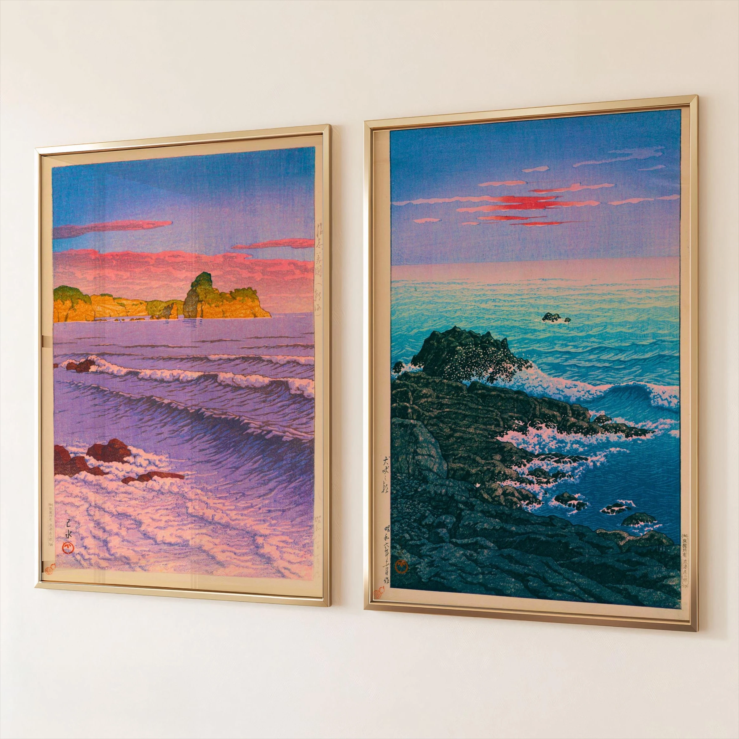 Japanese Ukiyo-e style seascape diptych canvas painting: Coastal sunset and ocean waves - living room/bedroom poster