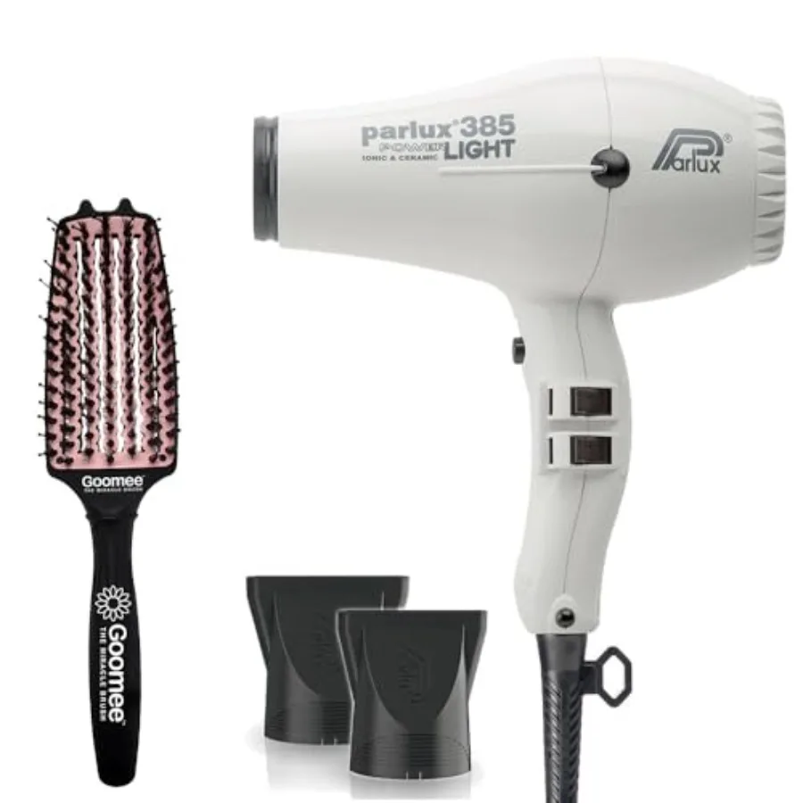 

385 Powerlight Ionic and Ceramic White Hair Dryer with Miracle Detangling Brush Medium Size Nylon Boar Bristles for All Hair T