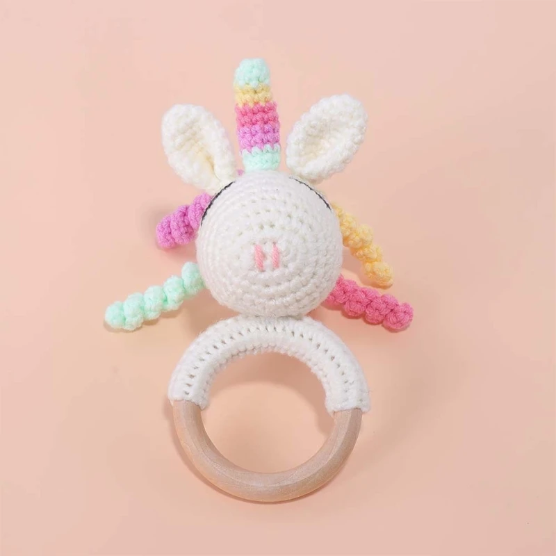 Crochet Animal unicorn Pacifier Clip Rattle Toy Soother Bracelet Wooden Teether Ring Baby Product Mobile Pram Crib Wooden Toys