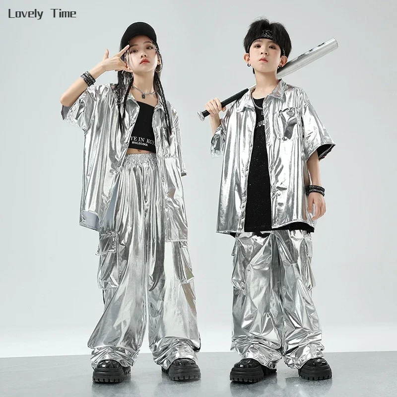Boys Hip Hop Silver Jacket Street Dance Cargo Pants Girls Sequin Cool Streetwear Kids Jazz Clothes Sets Children Shiny Costumes