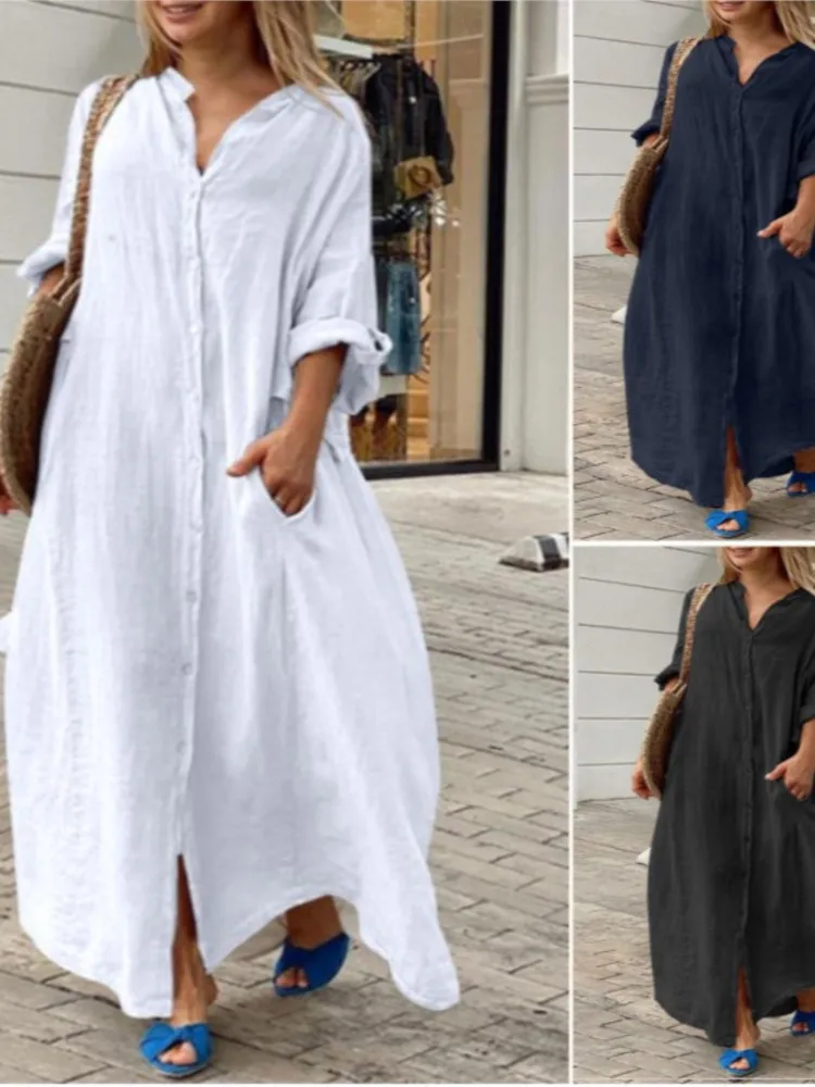 2024 Spring Autumn Women\'s New Casual Pocket Shirt Collar Long Skirt Casual Cotton Linen Loose Comfortable Dress