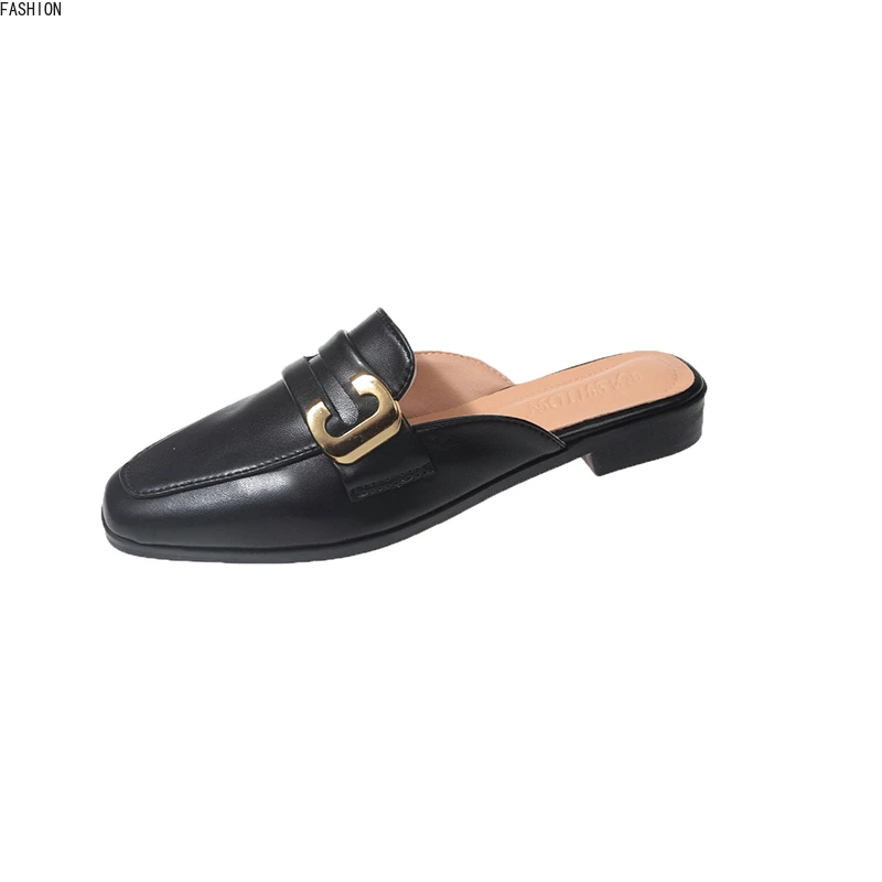 

Elegant Summer Women Designer Round Toe Fashion Metal Lady Slippers Sweet Black Female Mules Beach Outside Shoes
