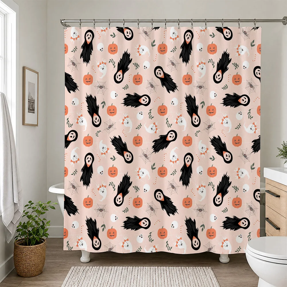 Durable Waterproof Halloween Shower Curtain Bathroom Liner Cute Pumpkin Ghost Bat Spooky Fall Seasonal Decor for Kids Adults Hom