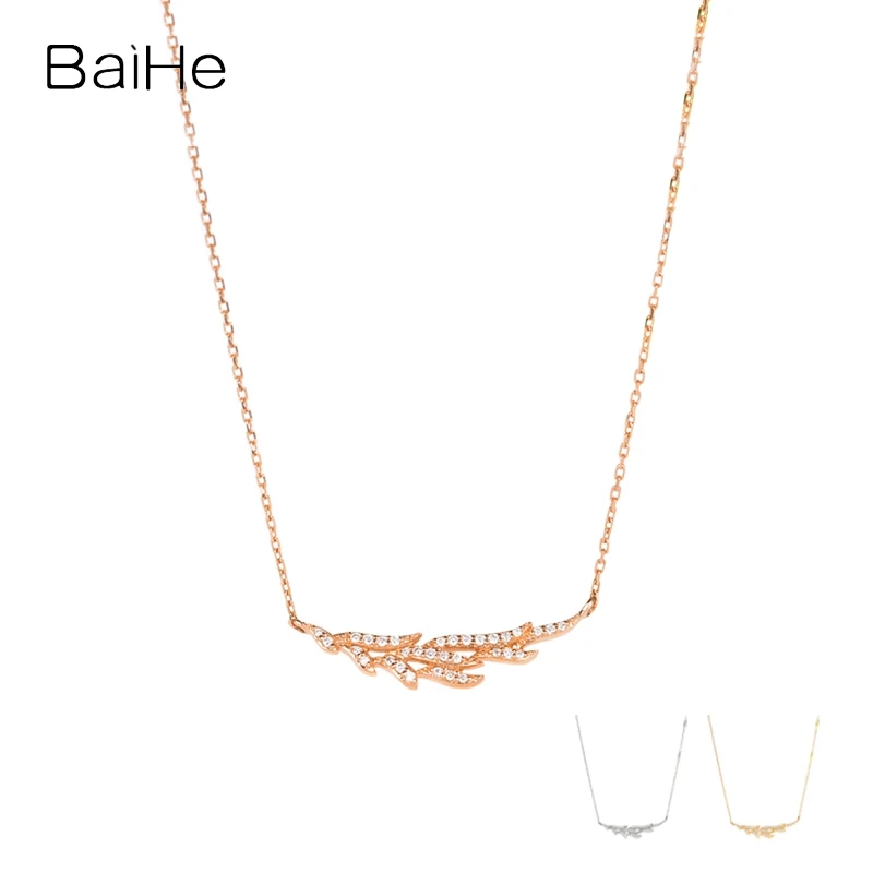 

BAIHE Solid 18K Rose Gold H/SI Natural Diamond Feather Necklace Women Trendy Daily Wedding Fine Jewelry Collier Plume قلادة ريشة