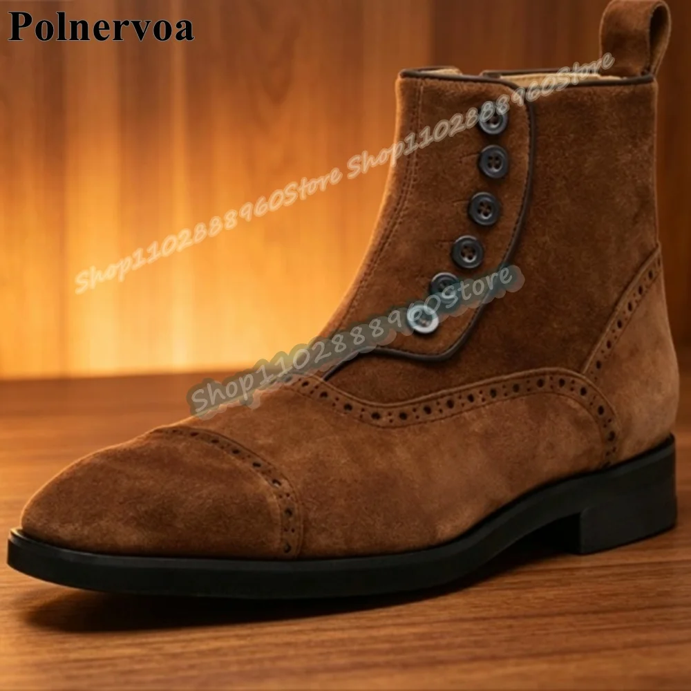Trendy Brown Flock Buttons Splicing Ankle Men Boots Flats Party Shoes For Men Side Zipper Banquet Catwalk 2026 Fashion Men Shoes