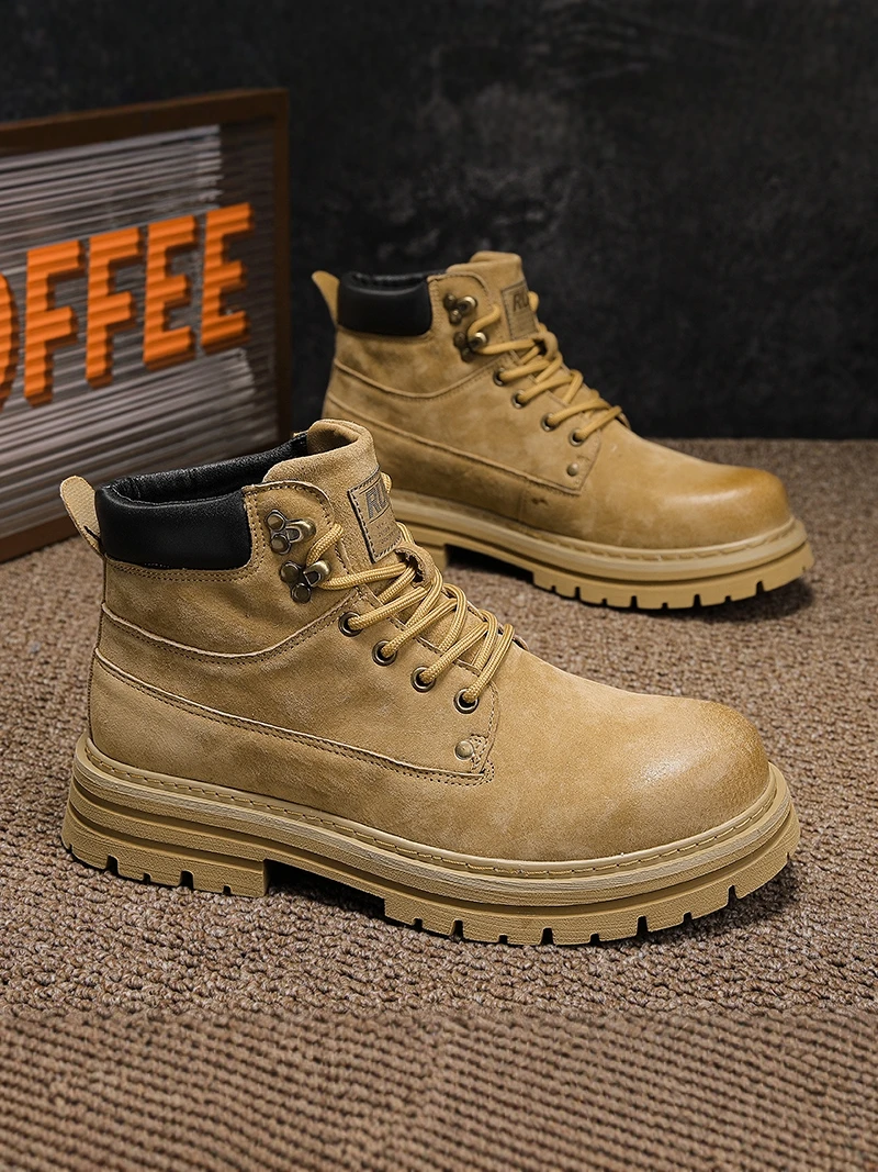 

Men's Winter High-Top Casual Boots Waterproof Anti-Slip Leather Surface Riding Work Boots British Style Low Heel round...
