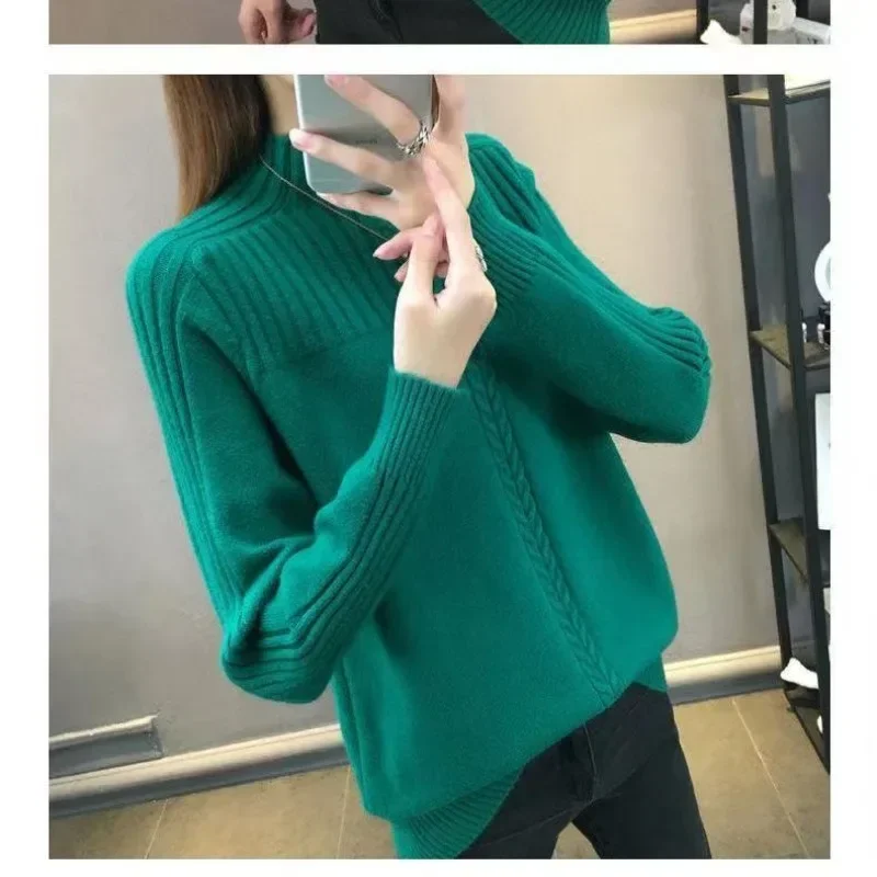 Autumn and Winter Women's Pullover High Neck Long Sleeve Solid Color Patch Screw Thread Loose Knitted Fashion Casual Tops V783