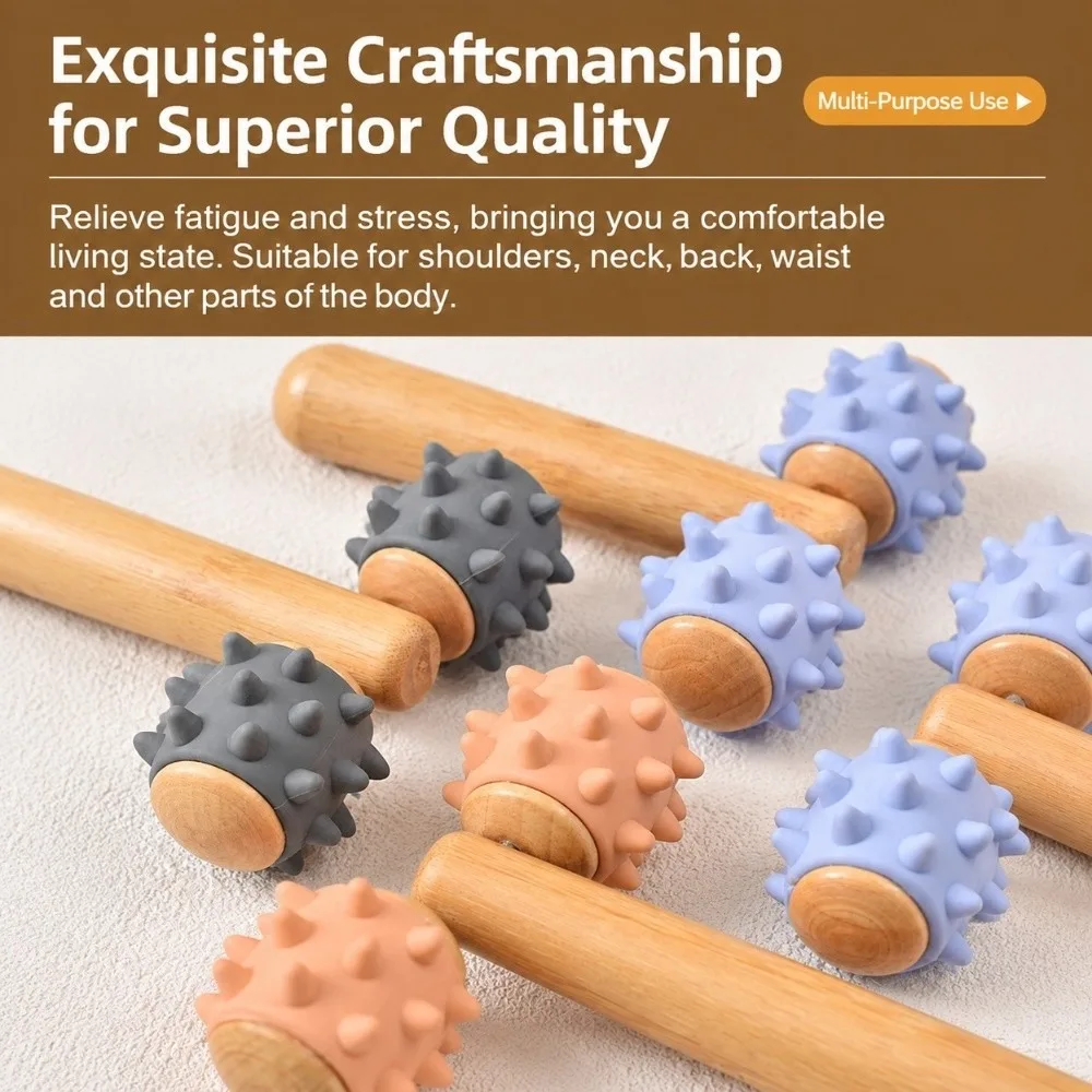 T Shape Handheld Massager Spiky Roller Dual Wheel Body Massage Tool Silicon Head Wood Handle Massage Roller Home Spa Use