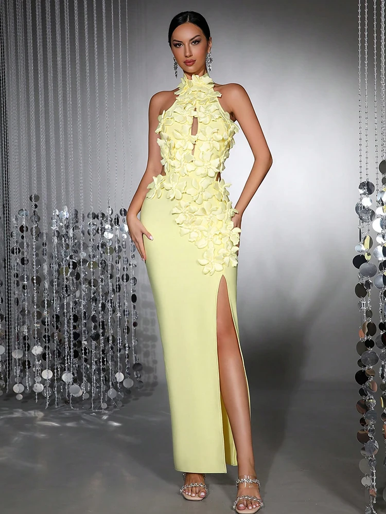 セクシーなイエローのホルターネック、花柄のキーホール付きマキシドレス – エレガントなハイ スリット バンテージガウン、女性用、透かし彫りの誕生日ロングドレス