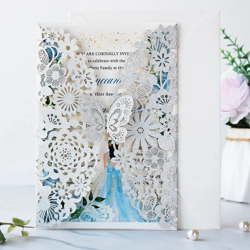20 Set Butterfly Invitation Cards Lace Wedding Invitations Paper Wedding Invitation Cards + Envelopes (Silver Glitter)